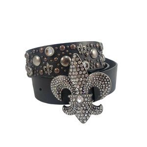 Fleur De Lis Belt Women's S Embellished Rhinestones Studded Glam Rock Chunky